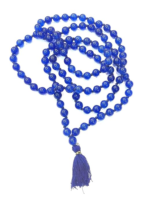 Original Blue Agate Mala | Hakik Round Beads Hand Knotted Mala (109 Beads) Shani Mantras japa