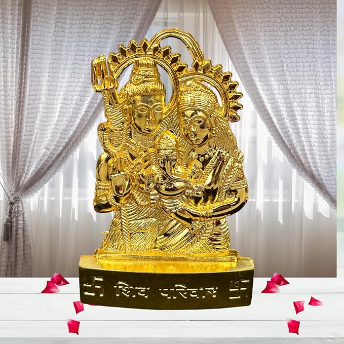 Handicraft Metal Gold Plated Shiv Parivar Shiv ji Parvati Ganesh Murti Statues for Car Dashboard Mandir Pooja MurtiTemple Puja Home Decor Office Showpiece